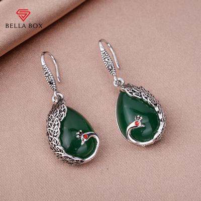 New Temperament Peacock Retro Jade Jade Garnet Earrings Female Imitation Thai Silver Water Drop Earrings Gift For Mother's Day