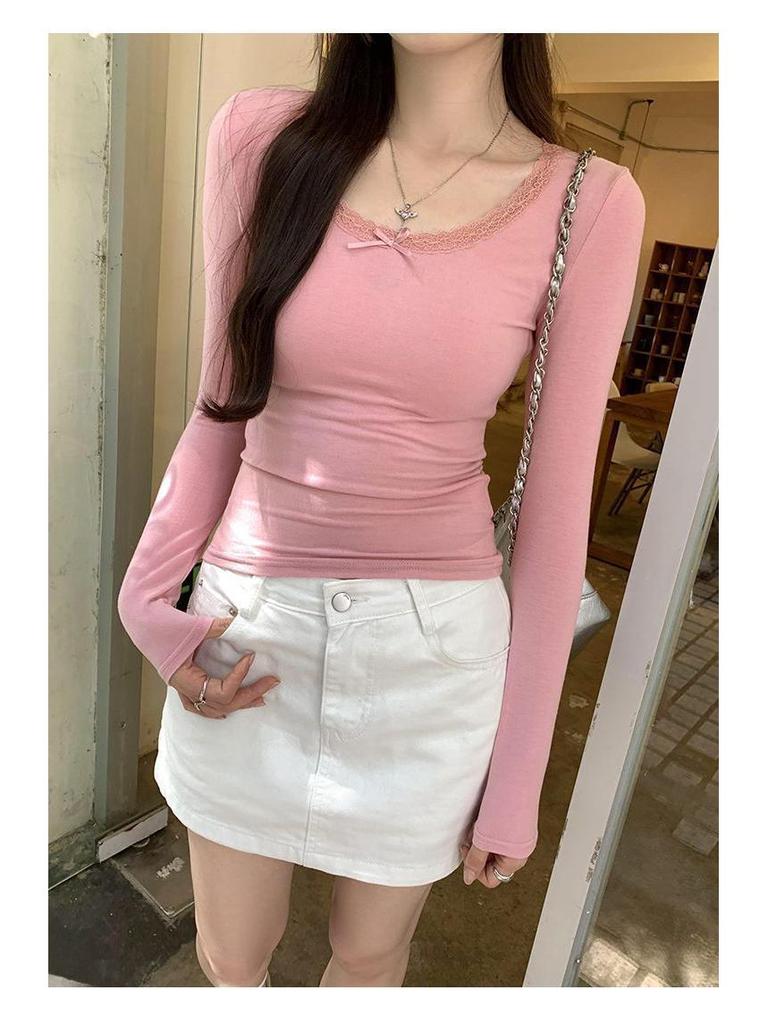 French Chic Lace Long Sleeve T-Shirt: Sweet, Cool, Spicy Collarbone Style, and Waist-Showing Korean Women's Autumn/Winter Top