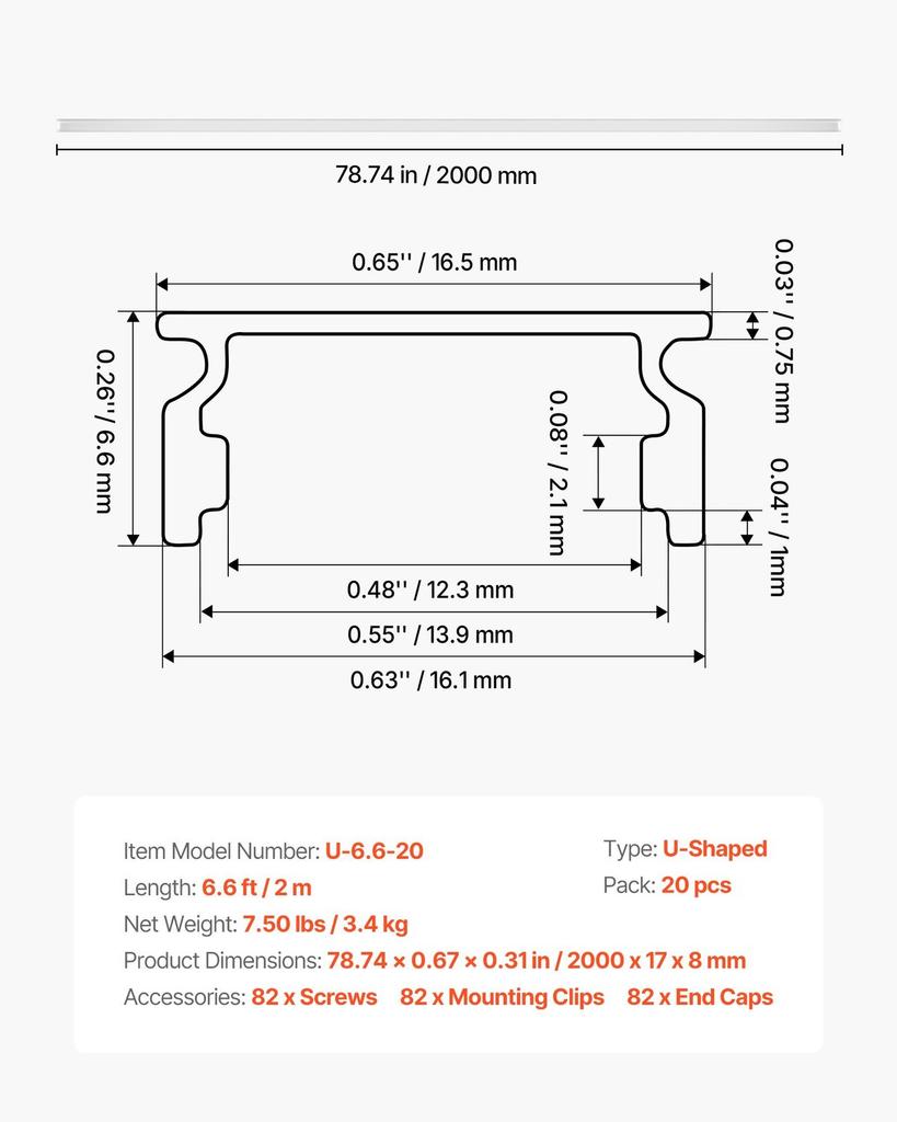 20-Pack 6.6 ft/2M U Shape LED Aluminum Channel, with Milky Cover, End Caps and Mounting Clips, Aluminum Profile for LED Strip Light Installations,