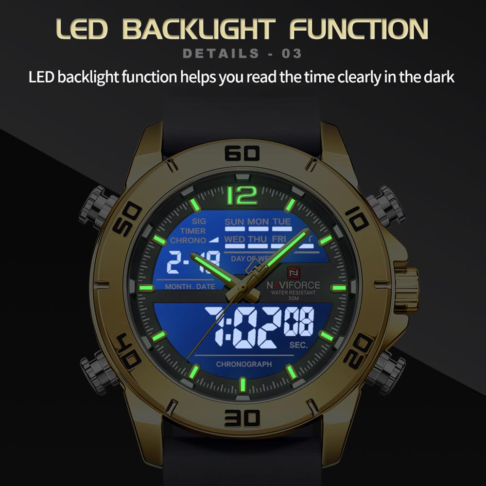 Naviforce Men's Digital Watch Quartz Movement Chronograph Luminous Pointer Silicone Strap Waterproof Men's Multifunctional Outdoor Watch NF9253T