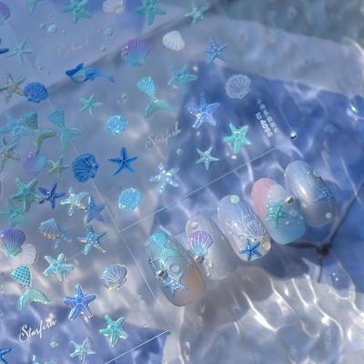 Gradient Blue Iridescent Seashell & Starfish Nail Art Stickers