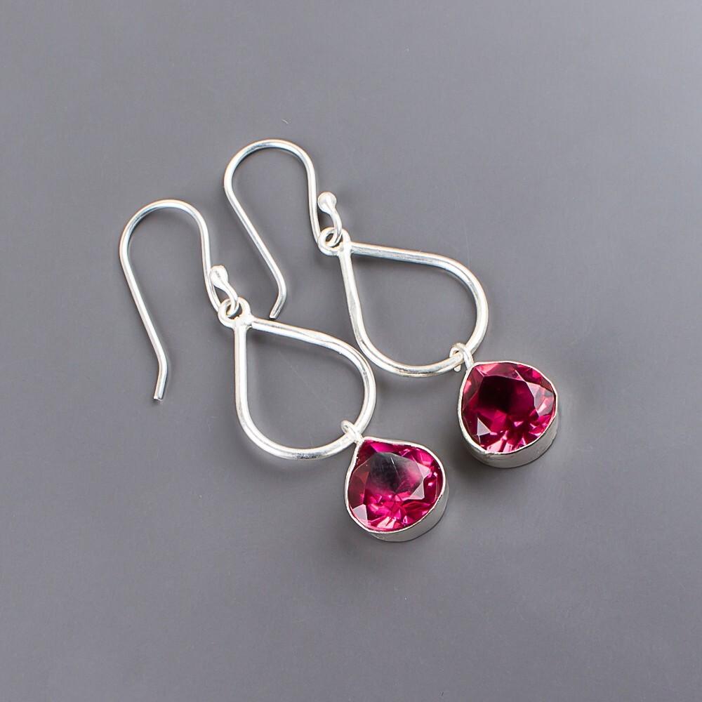 Pink Tourmaline Gemstone 925 Sterling Silver Jewelry Handmade Earrings 1.90" EE-19-18