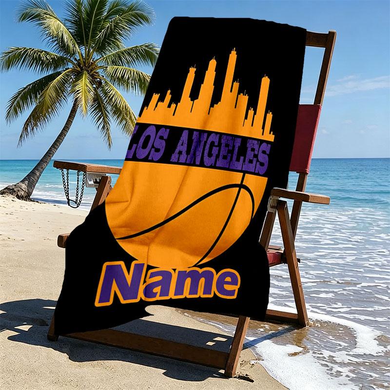 Custom Name Personalized Los Angeles Lakers Basketball Print Beach Towel, for Trip Camping Beach Party Home Decor, Birthday Gift for Family & Friends