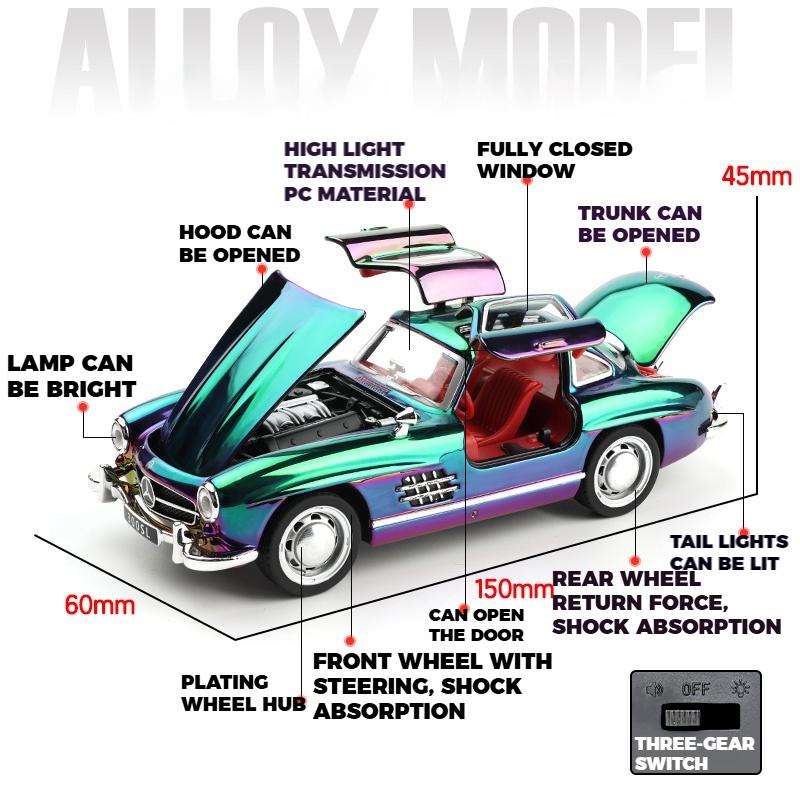 Classic 1/32 Benz 300SL Electroplated Version Alloy Diecast Metal Model Sound Light Pull Back Toy Miniatures Vehicle Ornament Gifts