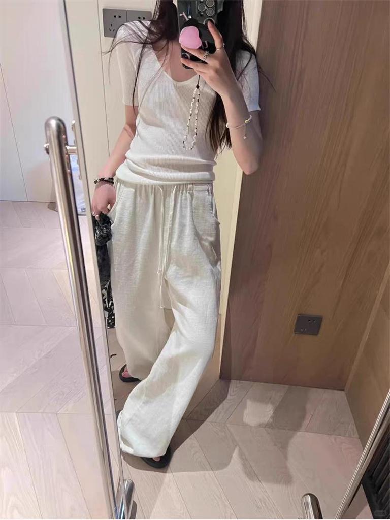 Women's Spring 2026 Ramie Cotton-Linen Wide-Leg Pants with Elastic Waist and Drawstring – Old Money Style, Relaxed Fit