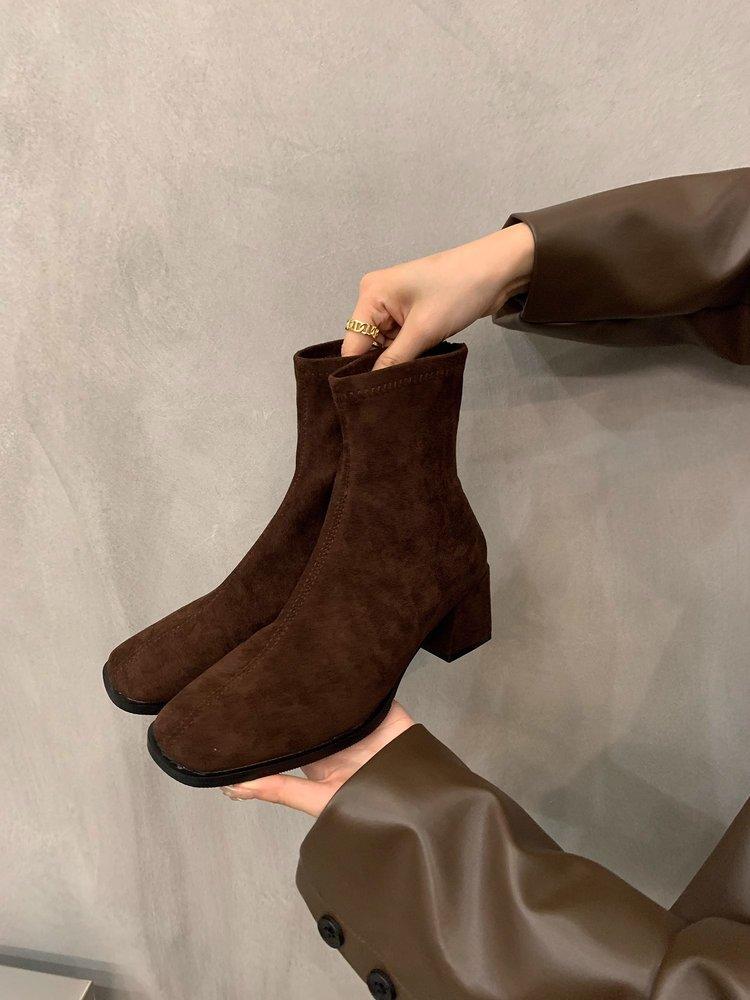 High-heeled Korean Small Ankle Boots Suede Martin Boots Women's Shoes 2025 New Autumn and Winter Velvet Square Head Thin Short Boots