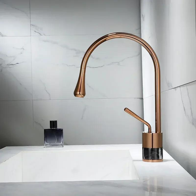 

Rose Gold Bathroom Basin Faucet - Brass & Marble Mixer Tap, Hot/Cold Water for Lavatory