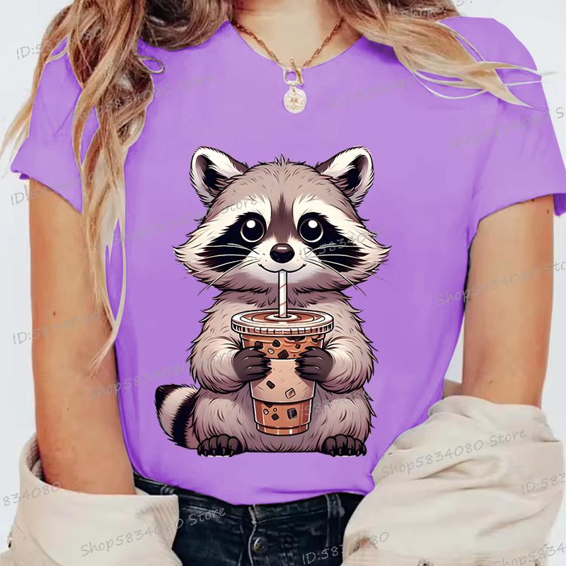 Summer Round Neck 3D Raccoon Pattern Print Top Fashionable Casual Short Sleeved Women's T-shirts