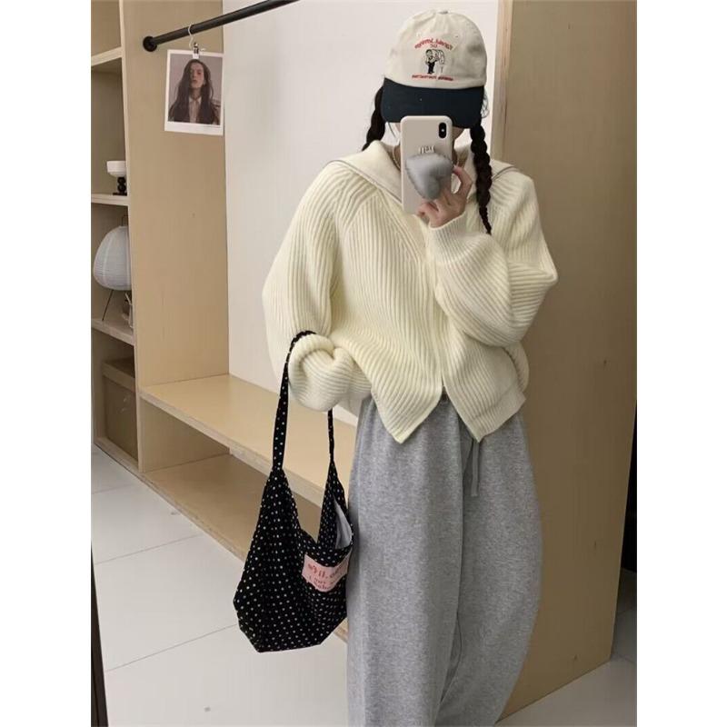 Simple zipper navy collar knitted cardigan women's autumn and winter new niche loose lazy sweater jacket
