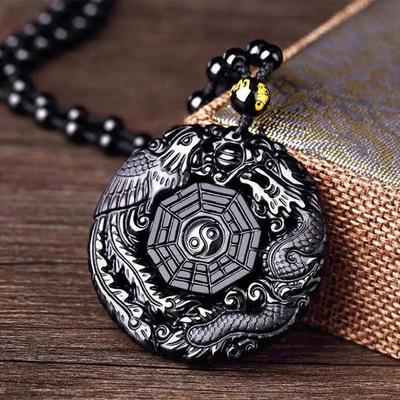 Natürlicher schwarzer Obsidian, handgeschnitzt, chinesischer Drache, Phönix-Vogel, Amulett, Bagua-Halskette für Frauen und Männer, Glücks-Maskottchen-Amulett-Anhänger
