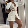 Women's Turn Down Collar Long Sleeve Blazer Dress Slim Fit Mid Waist Sexy Cutout Solid Mini Dress