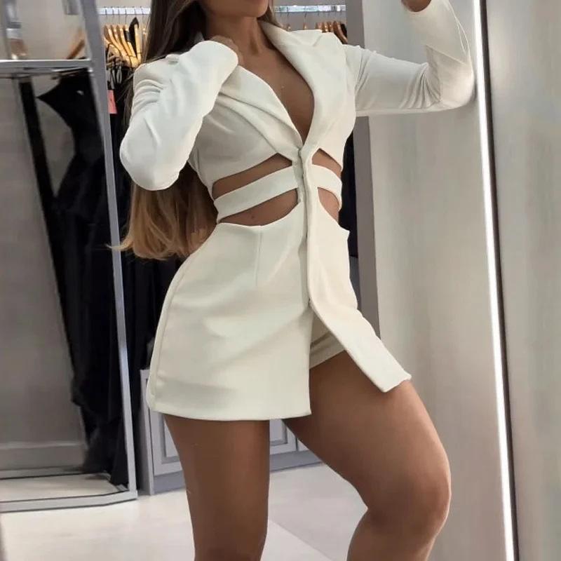 Women's Turn Down Collar Long Sleeve Blazer Dress Slim Fit Mid Waist Sexy Cutout Solid Mini Dress