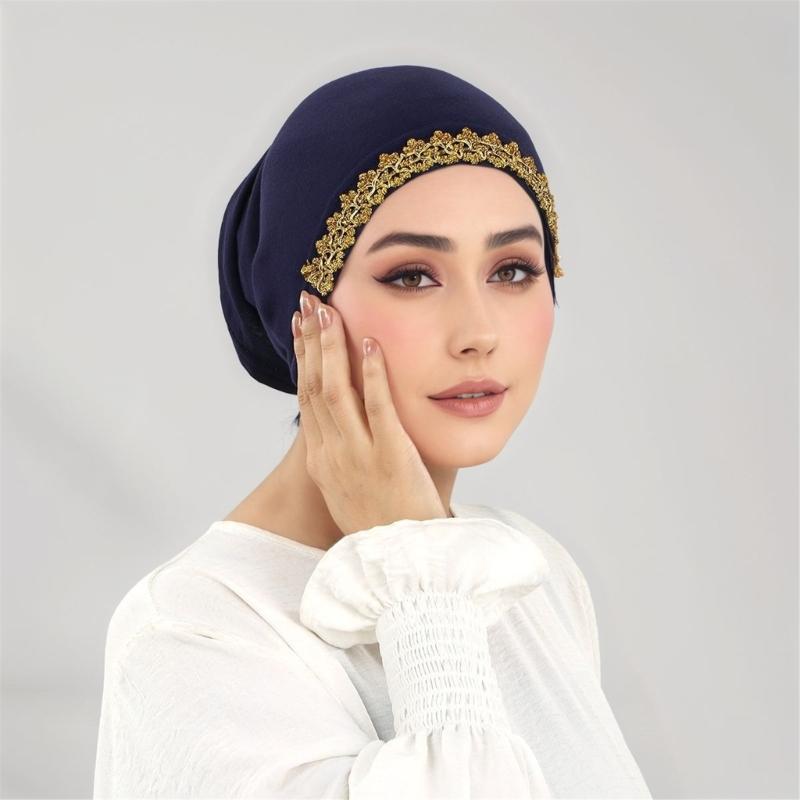 Elegant Lace Trim Hijab Cap Easy To Wear Stretchy Turban Hat For Islamic Women Formal Casual Religious Event Gathering