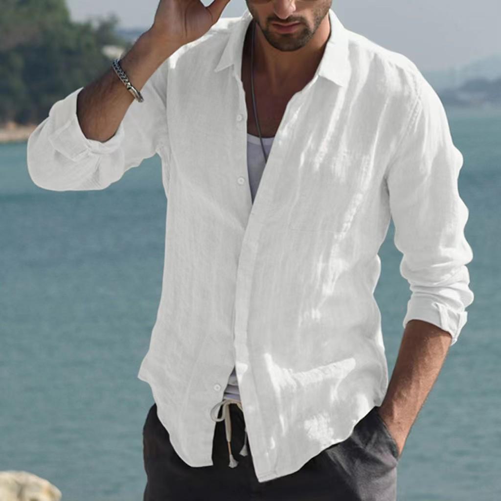 Camisa informal de algodón de manga larga de color liso para hombre de estilo europeo y americano - Envío gratuito