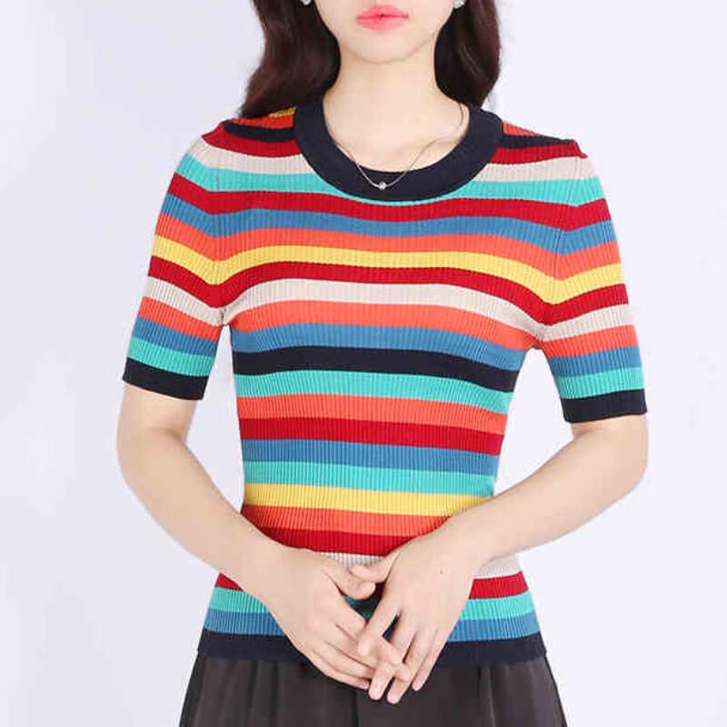 

Женский полосатый топ с рукавами пять четвертей и круглым вырезом Anlom Модель 2035333 4XL