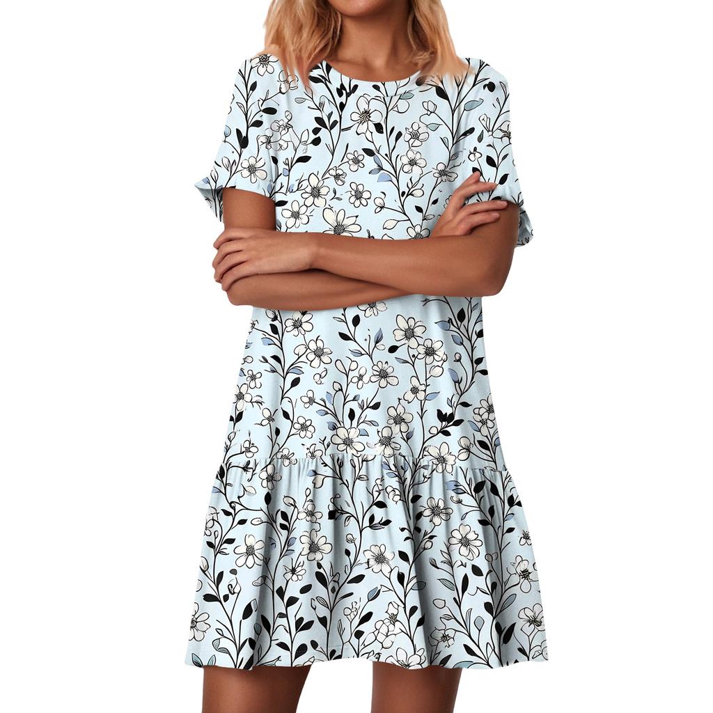 Women's Fashion Casual Round Neck Short Sleeve Ruffled Vintage Printed Dresses