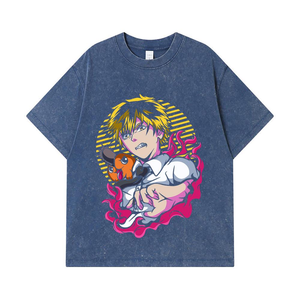

275 GSM Washed T-shirts 100% Cotton Chainsaw Man V4 Denji x Pochita Print Unisex Heavy Cotton T Shirt 2XL королівський синій колір