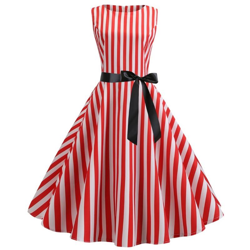 

Retro supply, round neck sleeveless striped print black ribbon waist swing skirt five colors XXL