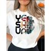 European Size Women's Casual Graphic T-Shirt, Vibrant Lion & Floral Print with YSU Letters, Soft Stretch Crew Neck Short Sleeve Top, Summer