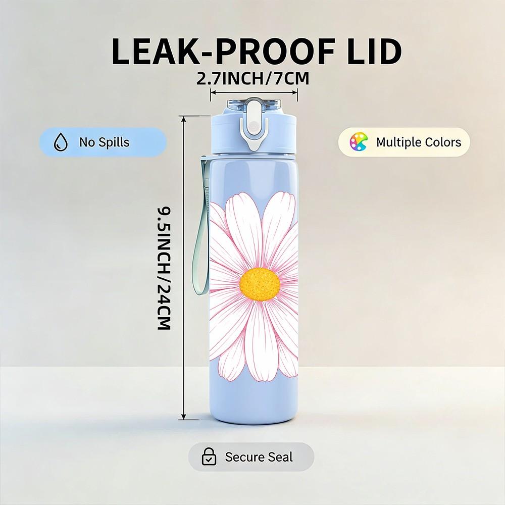 1PC White Daisy Simple Flower Print 750ml Color Plastic Sports Water Bottle Leakproof Flip Straw Lid Suitable for Sports Office Home Use