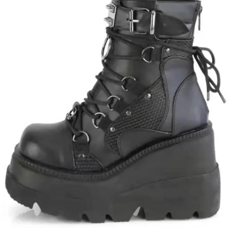 Thick Soled Wome Slope Heel Boots Autumn Outdoor Nonslip Shoes Fashion Round Toe Mid Top Boot New Gothic Casual Ladies Shoe