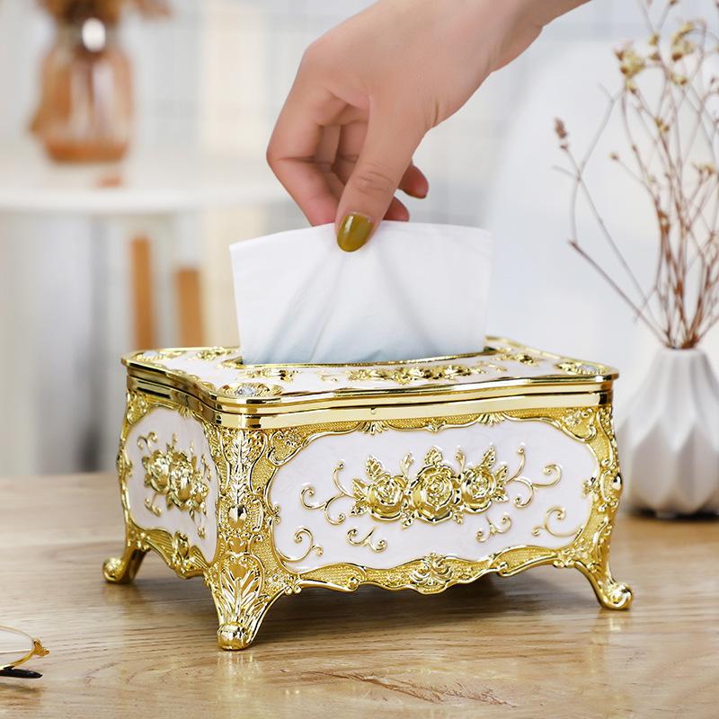 Rose Pattern Golden-Plated Tissue Box American Style Paper Holder Suitable For Multiple Rooms Home Desktop Decor