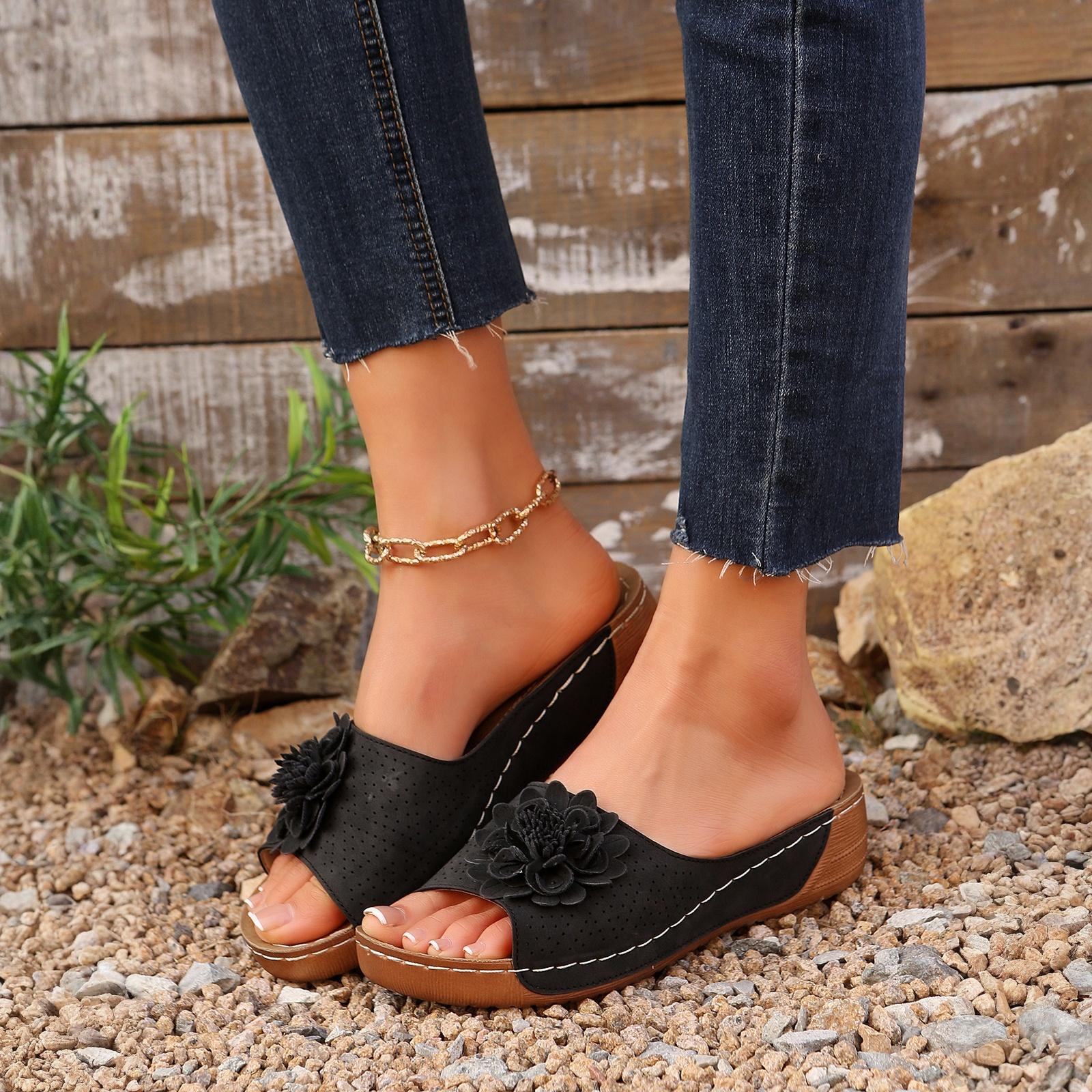 Women s Summer Flower Slippers Outdoor Beach Sandals 40 чёрный