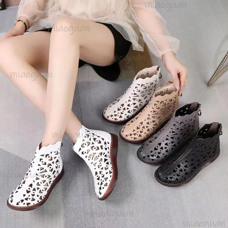 Fashion 2025 Spring Summer Leather Sandals Women's Breathable Hole Boots Flat Soft Non-slip Comfortable Shoes Sandalias De Mujer Size42