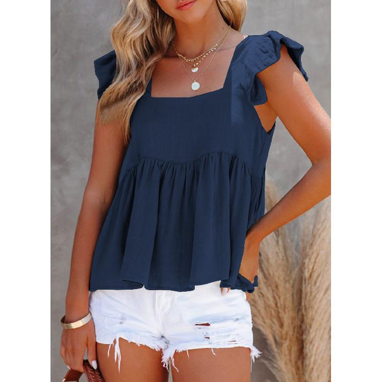 

2026 Summer Women s Comfortable Square Neck Ruffle Trim Tank Top XXXL темно-синього кольору