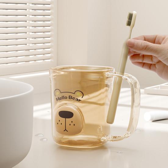 Mouthwash Cup Non-Slip Handle Smooth Round Mouth Transparent Body Rabbit Bear Design Bathroom Cup with Toothbrush Slot