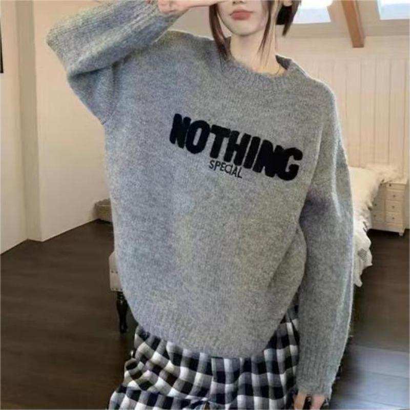 Lazy high-end sweater women's autumn and winter new loose fashion crew neck letter knitted sweater