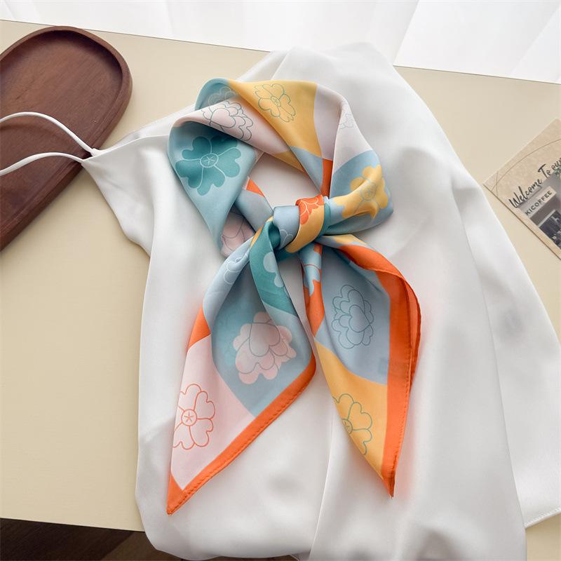 Literary Floral Simulation Silk Printing Silk Scarf Small Square Scarf High-end Shawl Sunscreen Neck Scarf Headscarf Scarf Women