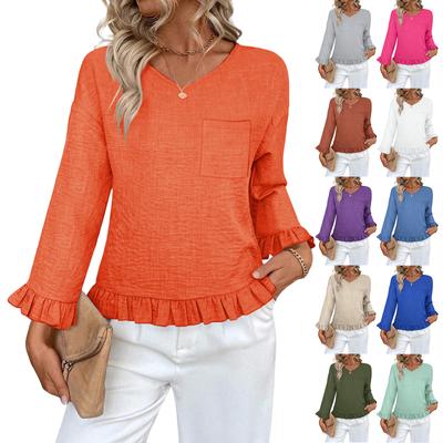 Top Casual de Moda para Mujer con Volantes, Cuello en V, Bolsillo, Color Sólido y Manga Larga