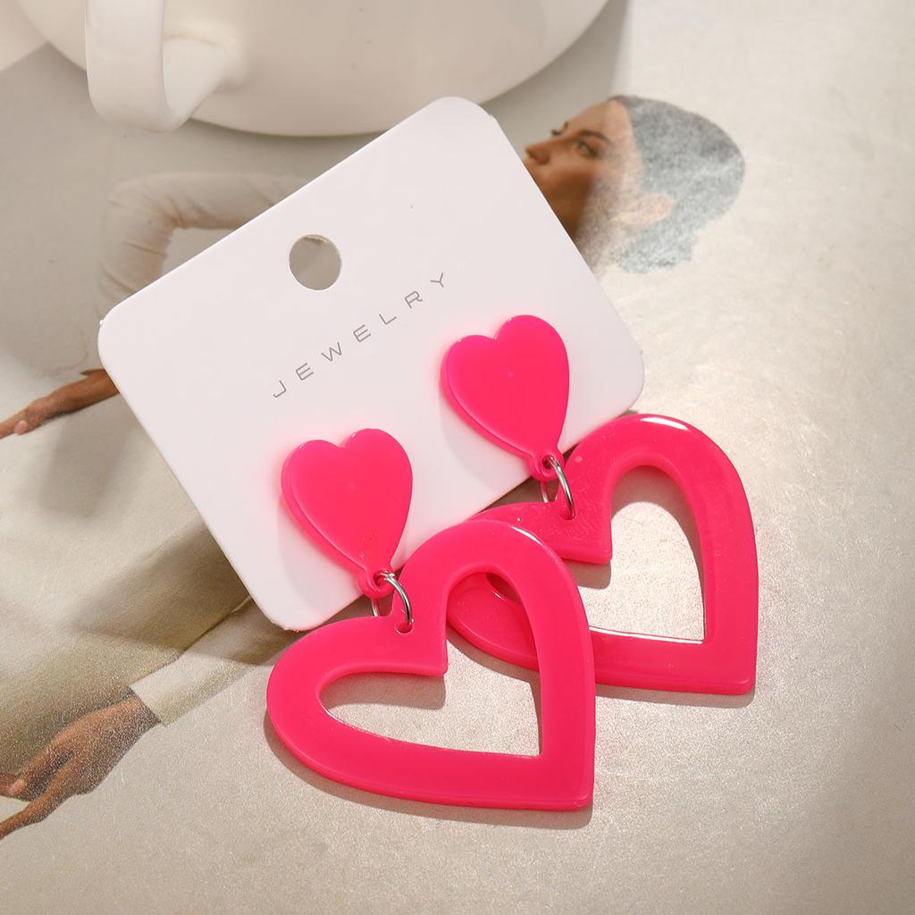 2024 Neue Y2K Rosenrosa Hohlherz Hängeohrringe für Damen Koreanischer Süßer Niedlicher Doppelherz Ohrring Trendiger Schmuck für Mädchen Geschenke