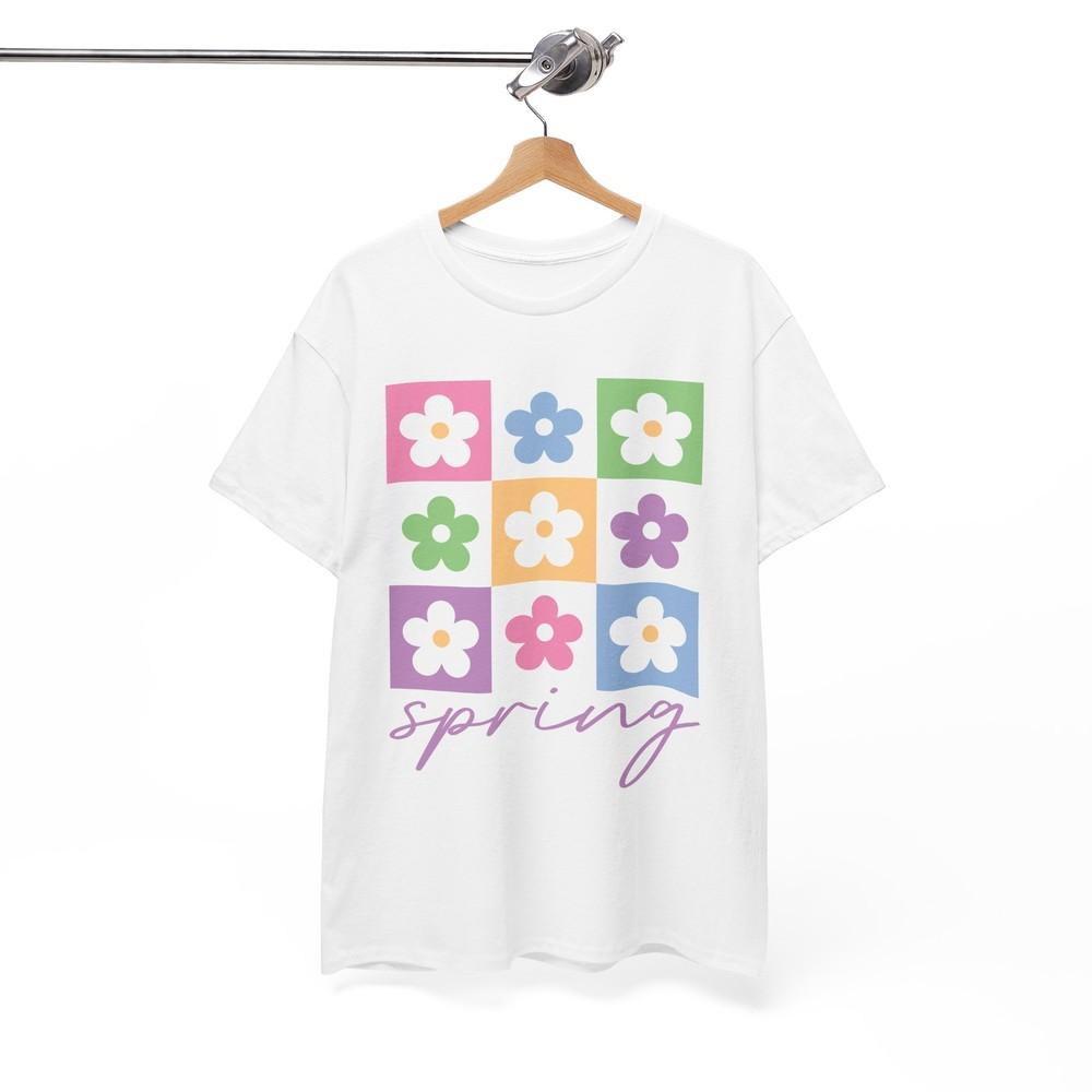 Happy Spring T-Shirt | Spring Taupe Checkered Boho Flowers Shirt