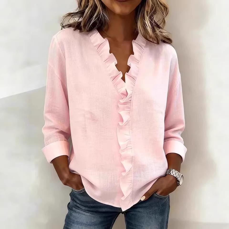Women's Ruffle V Neck Long Sleeve Blouse Regular Fit Solid Color Elegant Commute Polyester Shirt 2026 Spring Summer Top