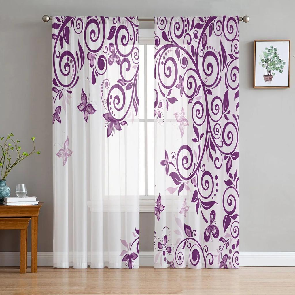 Lila Blumen Tinte durchsichtige Vorhänge für Mädchen, Kinder, Schlafzimmer, Küche, Fenster, Vorhänge, Heimdekoration
