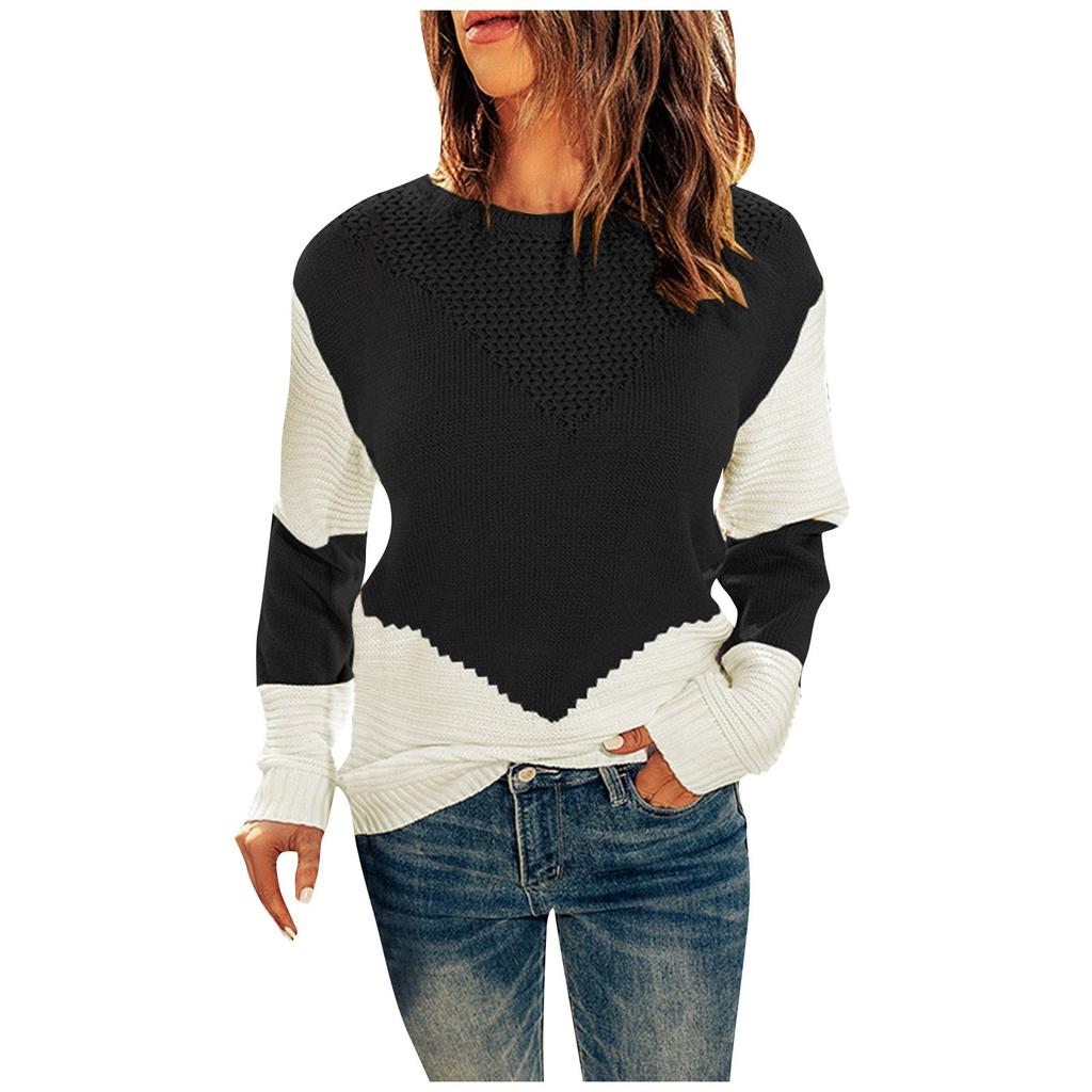 Women's Fashion Casual Knitted Top Round Neck Clashing Colour Bottom Shirt Pullover Sweater