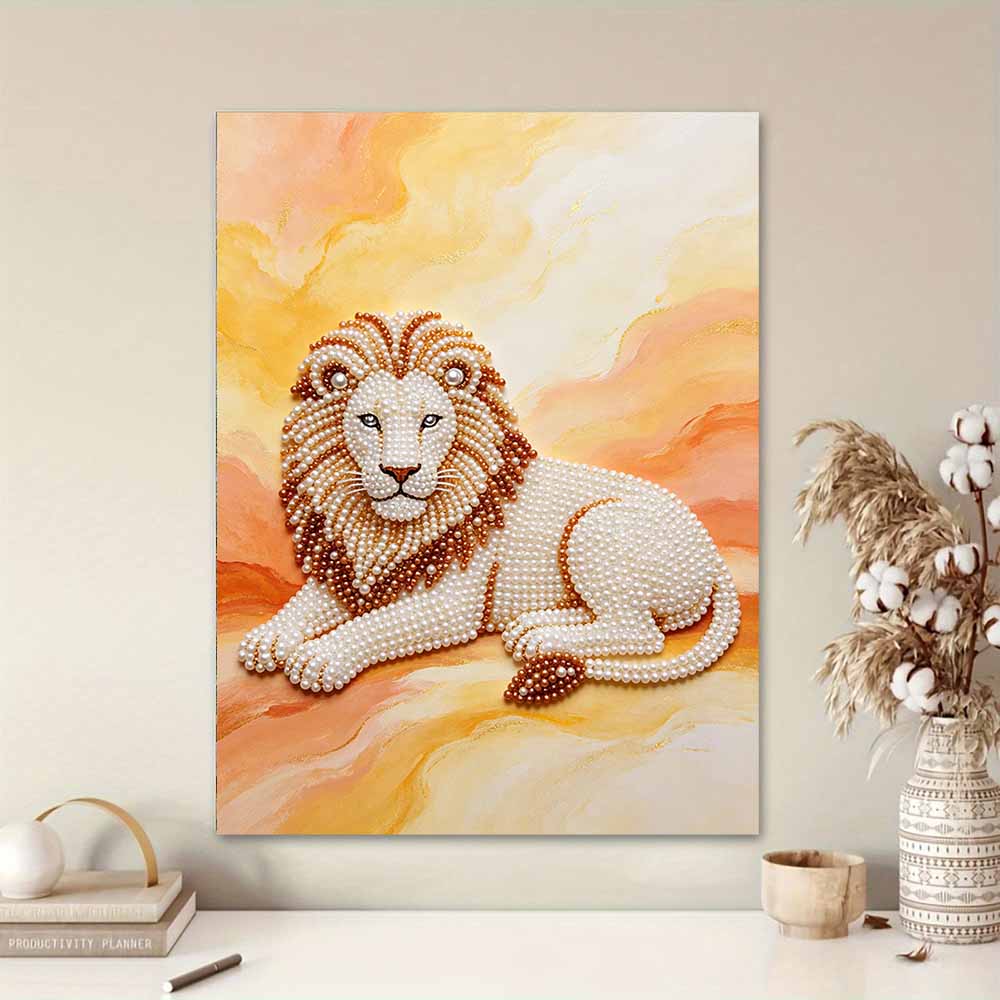 Majestic Lion Pearl Kit 5D DIY Round Rhinestone Art for Adults Relaxing Handmade Wall Decor National Day Gift Frameless