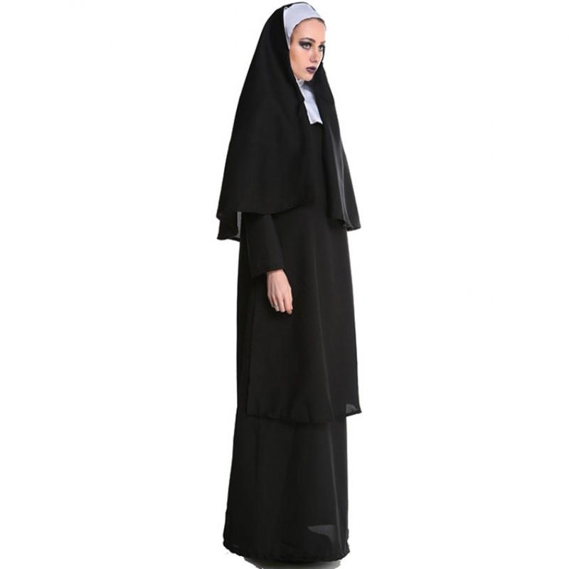 Halloween Nun Costume Adult Women Cosplay Party Stage Dress Black Milk Fabric
