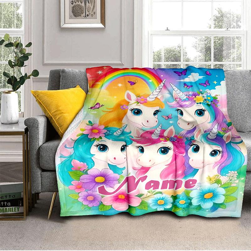 1PC Custom Name Rainbow Unicorns Fantasy flannel blanket versatile, all-season throw suitable for the living room, bedroom, camping, travel, and gift