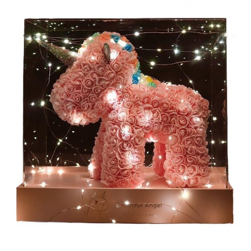 Qixi Unicorn Rose Preserved Flower & Teddy Bear Gift Set for Girlfriend or Kids