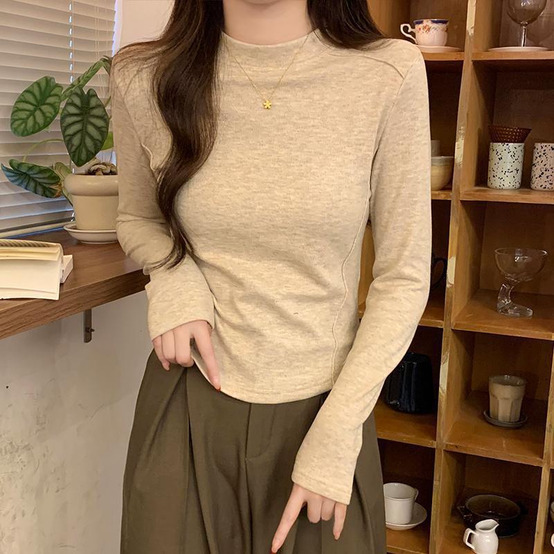 

Petite Slim-Fit Oatmeal Brushed Base Layer Shirt - Cozy Half-High Neck for Autumn/Winter L