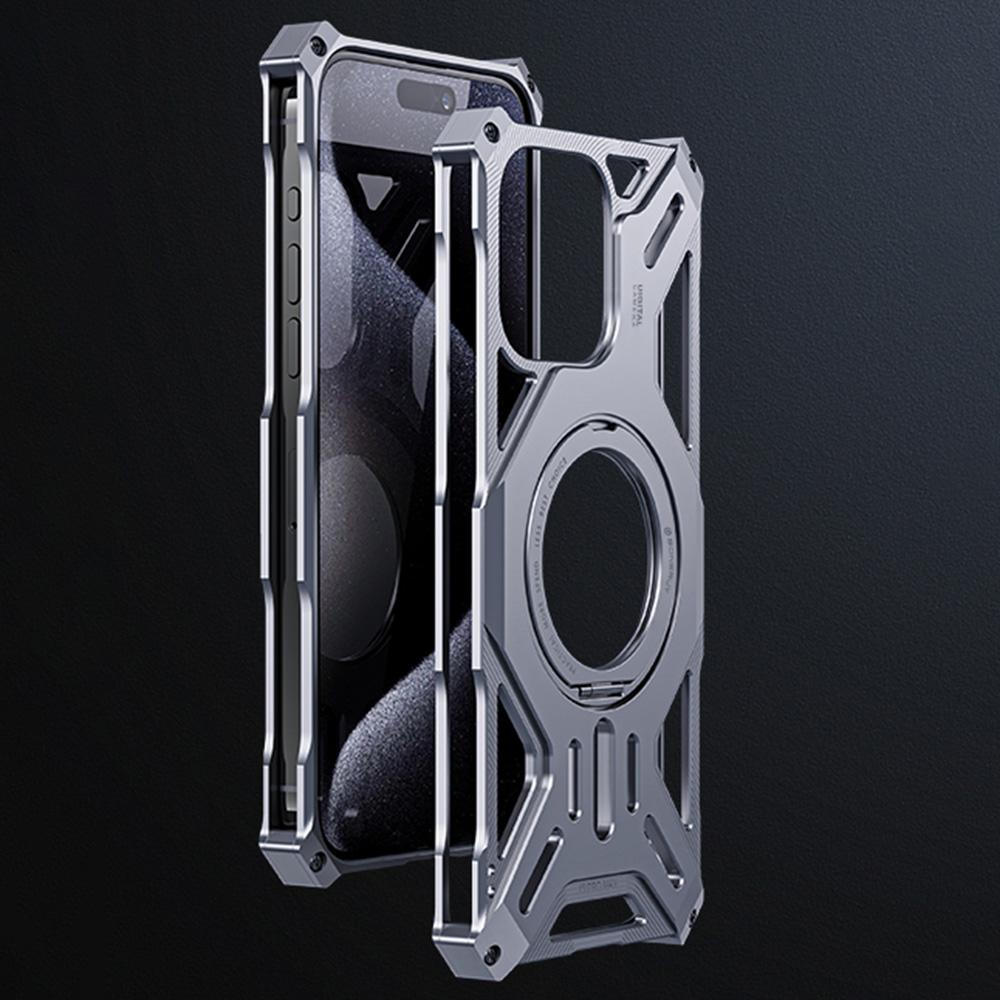 

For iPhone 16 Pro Max Case Kickstand Frameless Aluminum Alloy+Silicone Phone Bumper Cover Silver