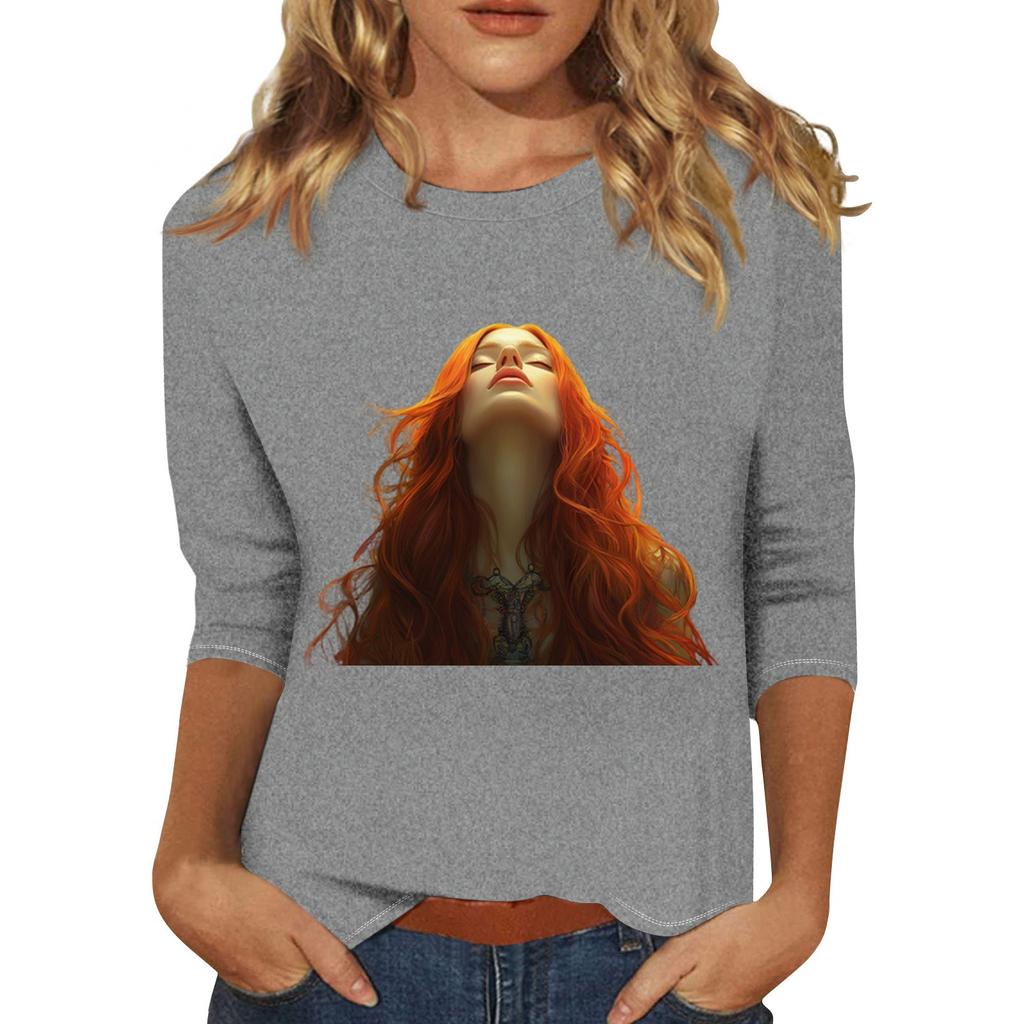 Women's Fashion Casual Three-quarter Sleeve Character Printed Round Neck Pullover Top