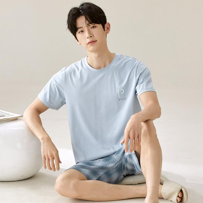 Men's Pajamas Short-Sleeve Tops Shorts MODAL COTTON Sleepwear Loungewear Students Two-Piece Plaid Solid Youth Nightwear Homewear