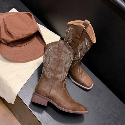 Fashion Genuine Leather Women Boots Autumn Embroidered Western Cowboy Boots Square Toe Thick Heel High Knee Boots Woman Long Botas Mujer