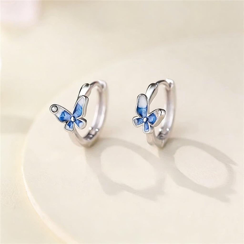 Crystal White Blue Enamel Butterfly Animal Hoop Earrings For Women Vintage Silver Color Wedding Jewelry