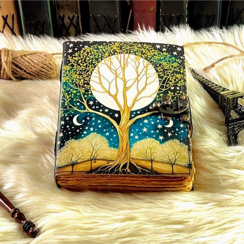 Large Tree of Life Leather Grimoire Journal: Blank Book of Shadows
