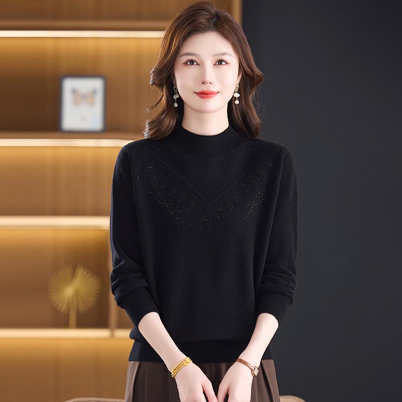 

Stylish Plus Size Half-High Neck Pure Wool Sweater for Middle-Aged and Elderly Women L [recommended 100-115 lbs] чорний